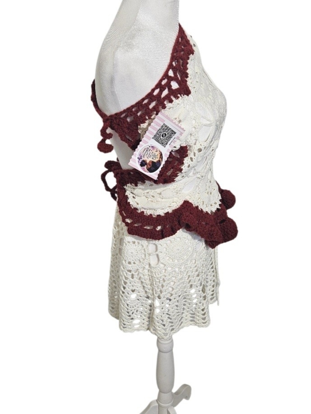Hand Crafted White Burgundy Crochet Swim Coverup 2 Piece Set - Picture 14 of 17